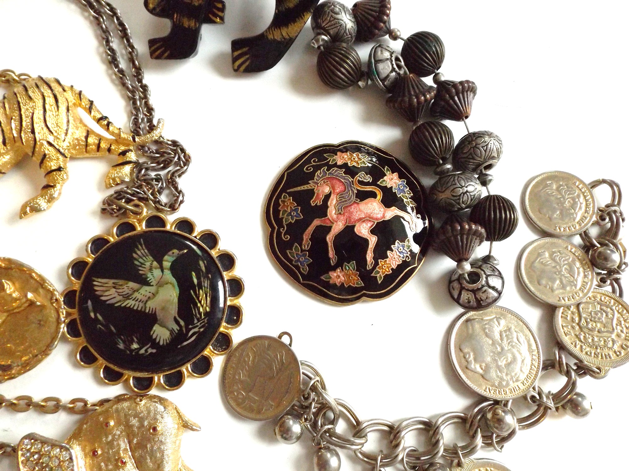 Goldtone and Silvertone Animal Pendant Necklaces, Coin Bracelet, Enamelware
