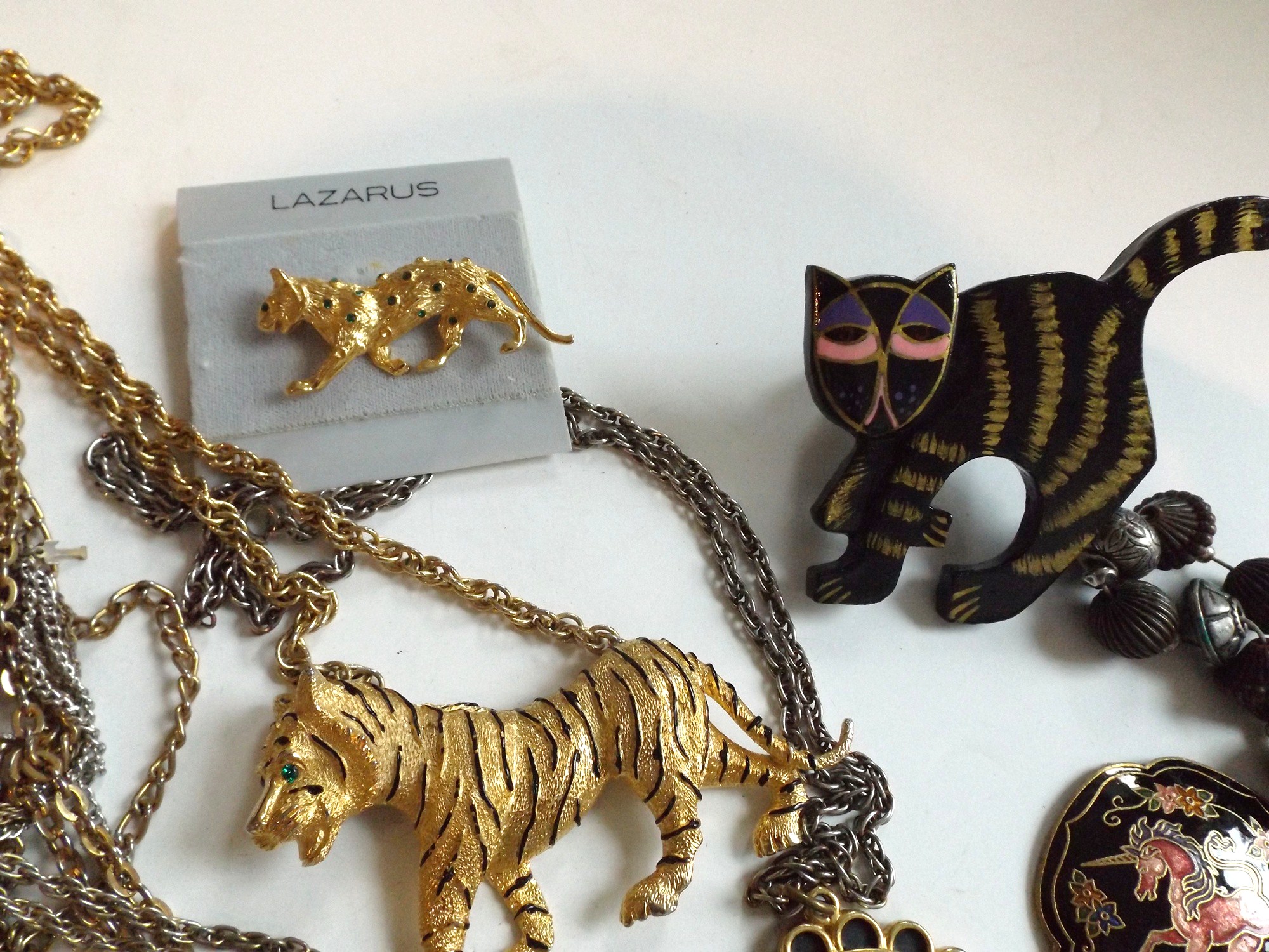 Goldtone and Silvertone Animal Pendant Necklaces, Coin Bracelet, Enamelware