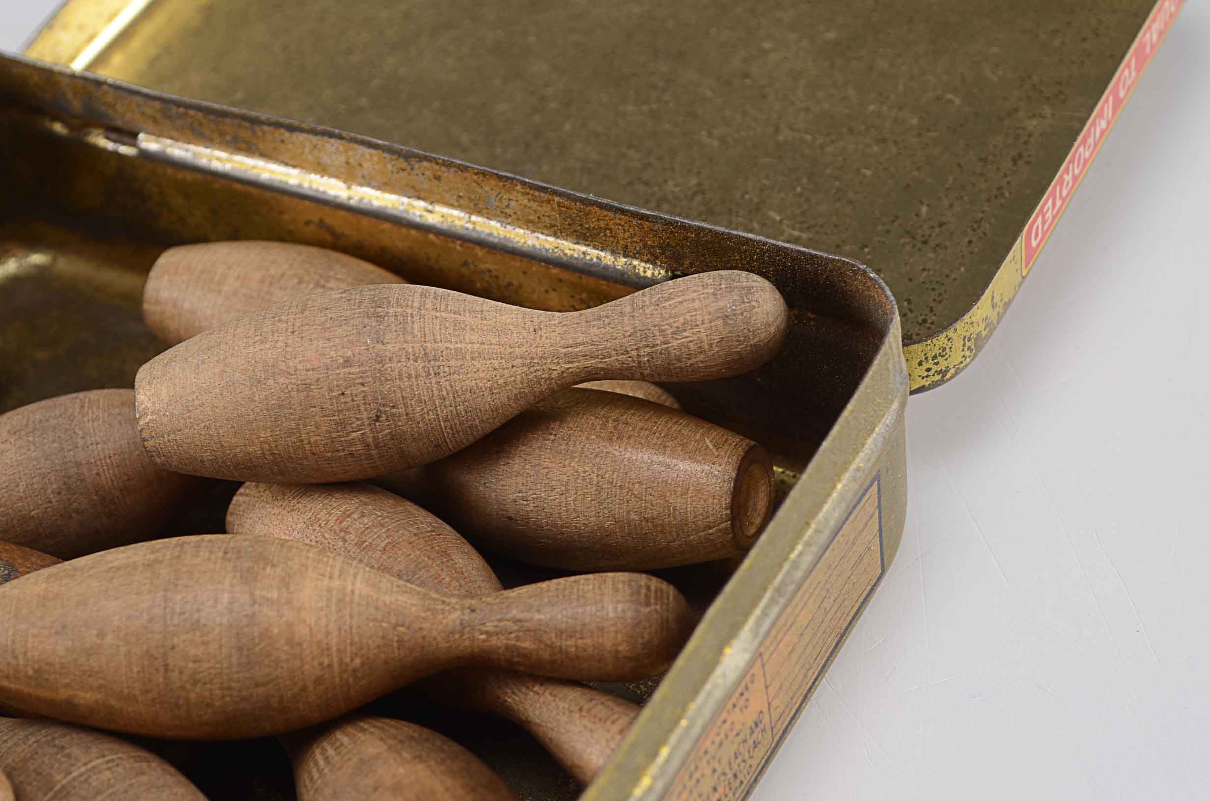 Small Vintage Wooden Bowling Pins in Tin