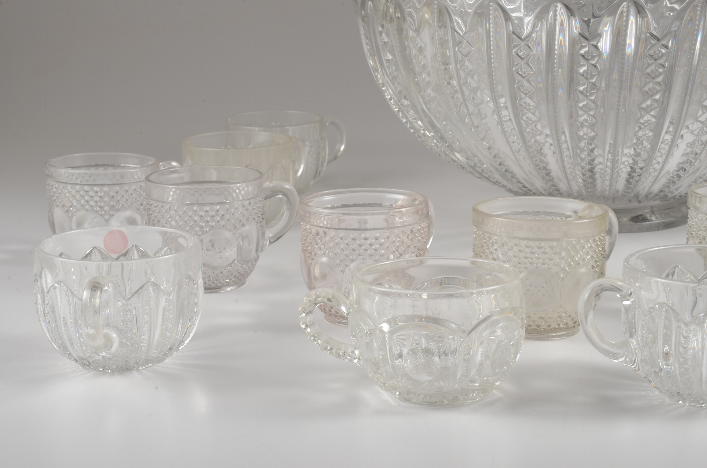 Vintage Pressed Glass Two-Part Punch Bowl and Assorted Punch Cups