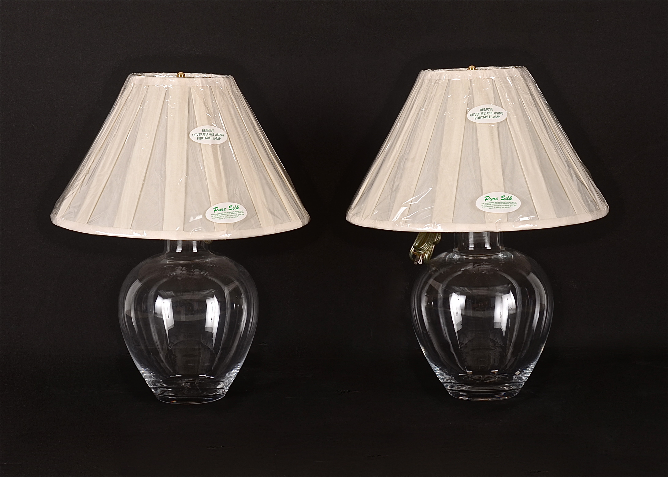 Matching Simon Pearce Hand-Blown Clear Glass Lamps with Pure Silk Shades