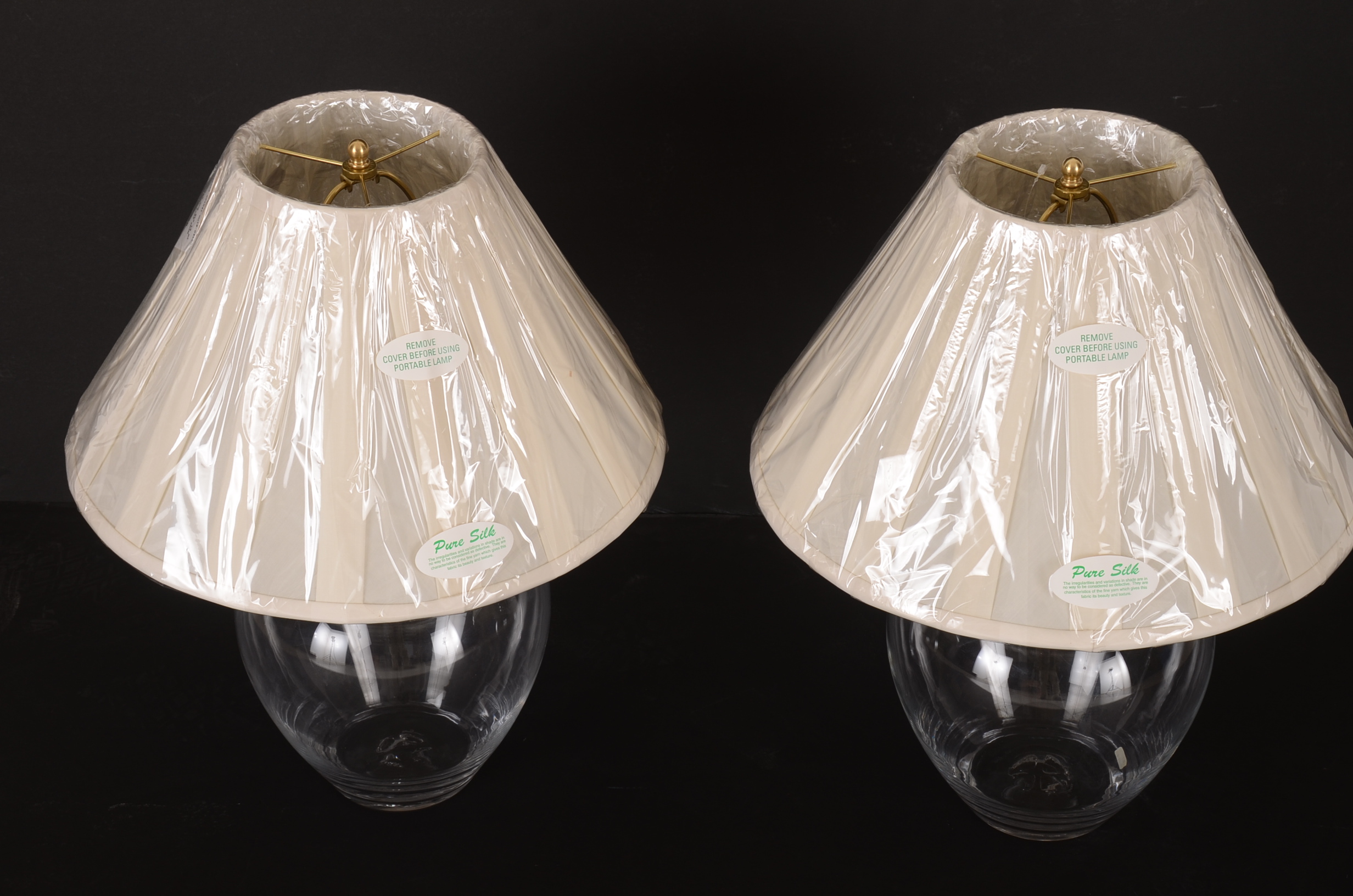 Matching Simon Pearce Hand-Blown Clear Glass Lamps with Pure Silk Shades