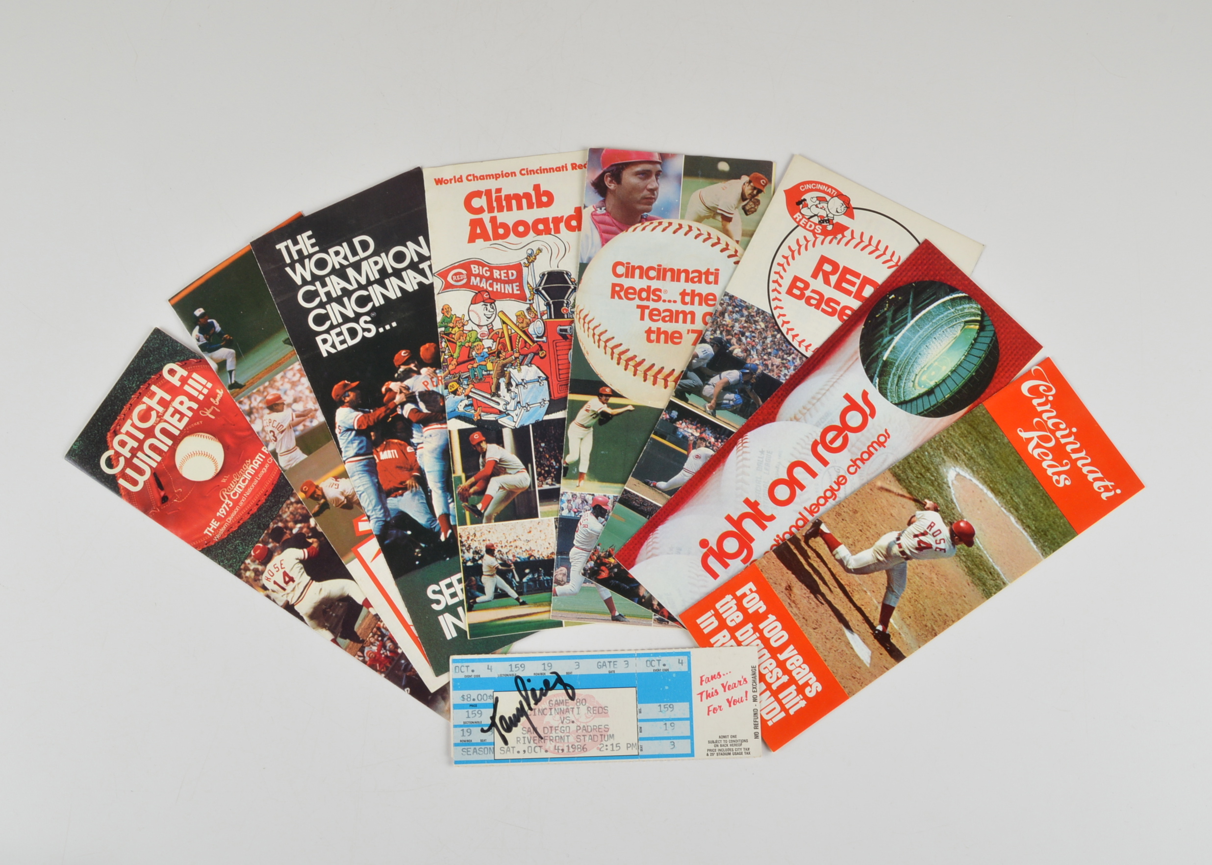(8) Vintage 1960-80s Cincinnati Reds Brochures & Autographed Tony Perez Ticket