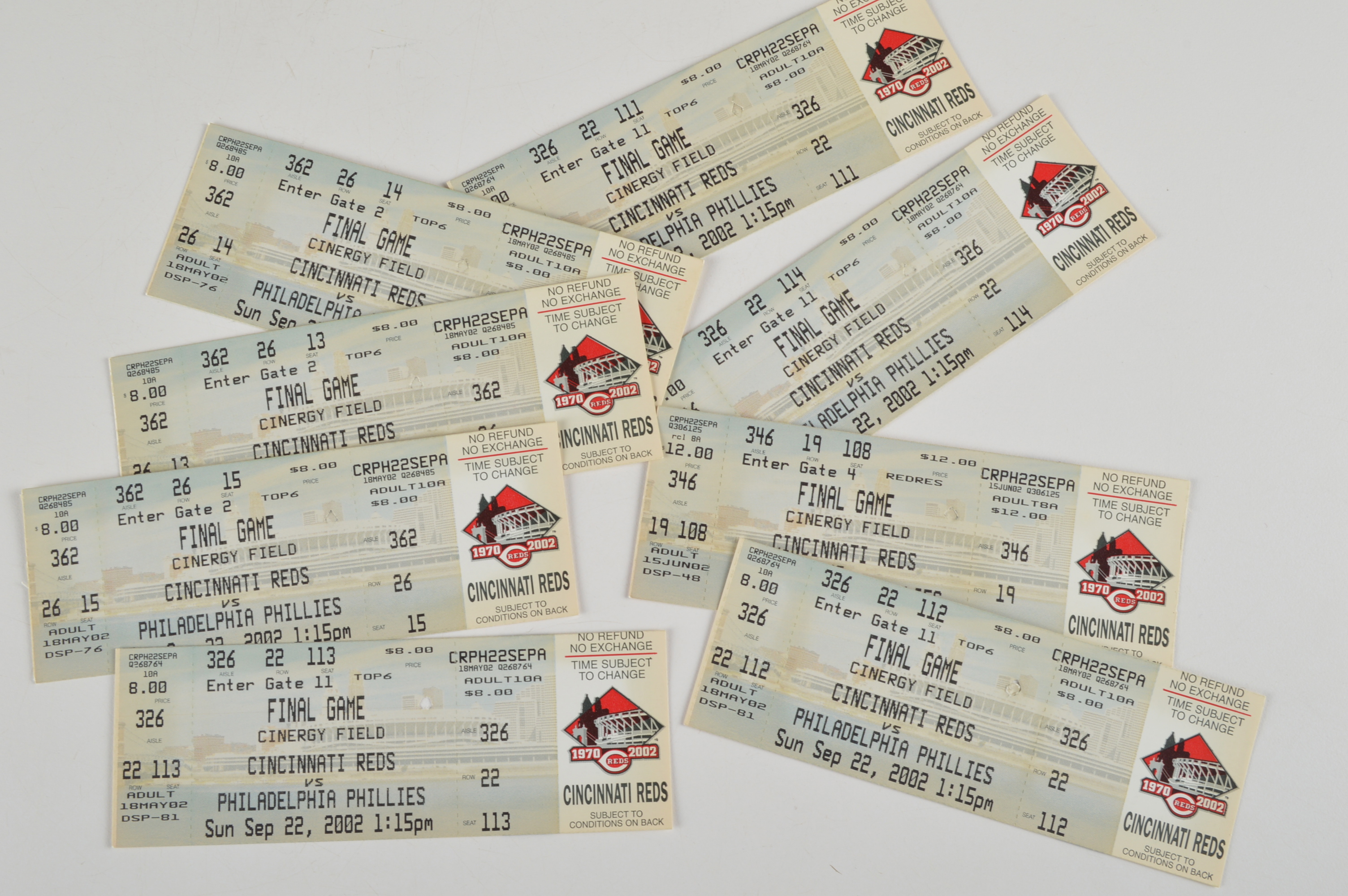 (8) Cincinnati Reds Final Game Full Baseball Tickets Cinergy/Riverfront Stadium