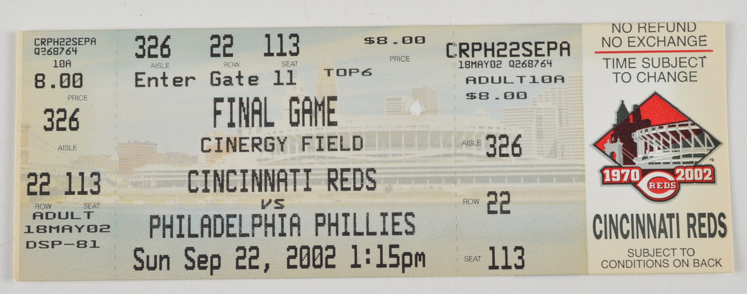 (8) Cincinnati Reds Final Game Full Baseball Tickets Cinergy/Riverfront Stadium