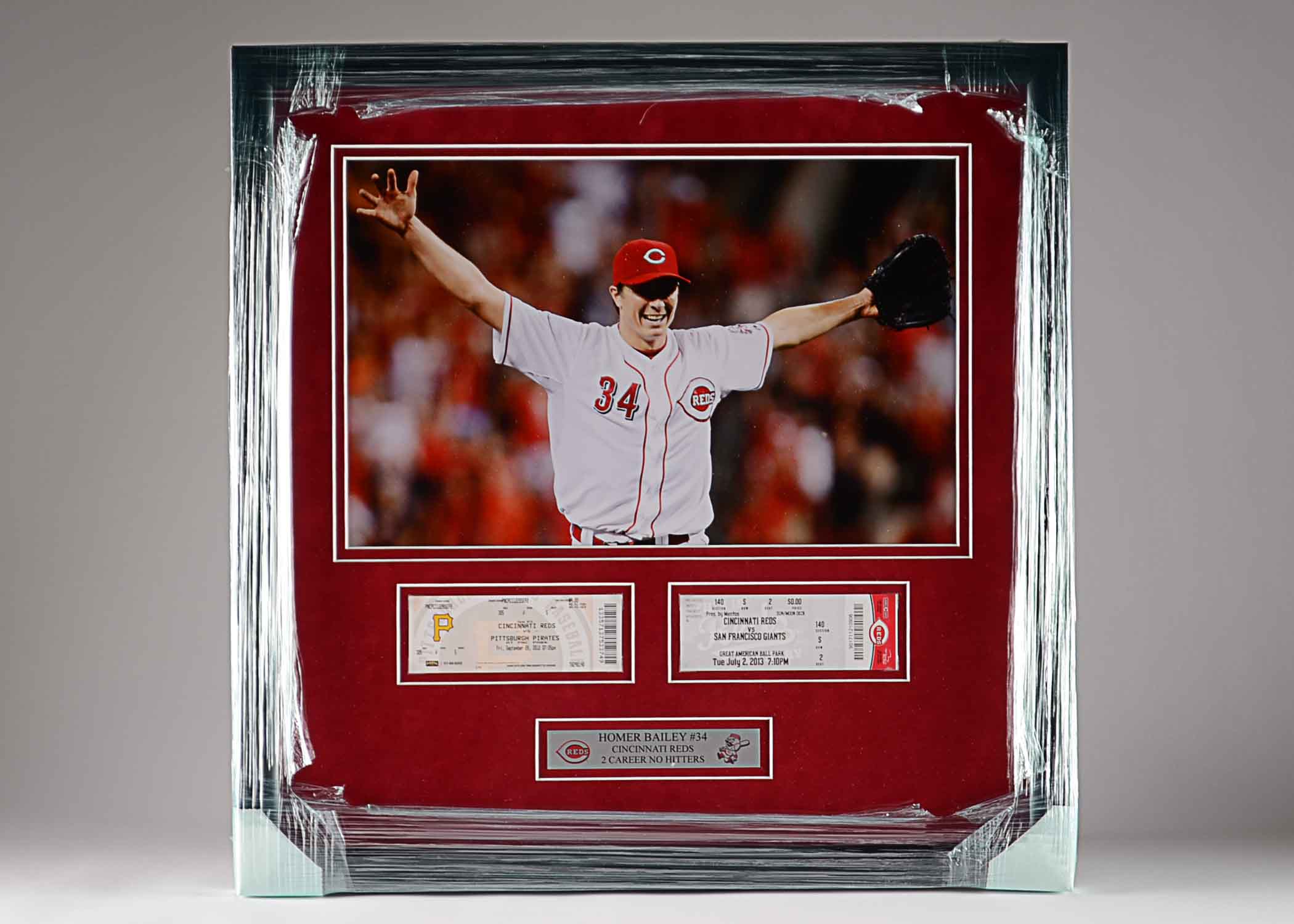 Awesome Framed Homer Bailey Photo with Two Tickets from his No Hitters