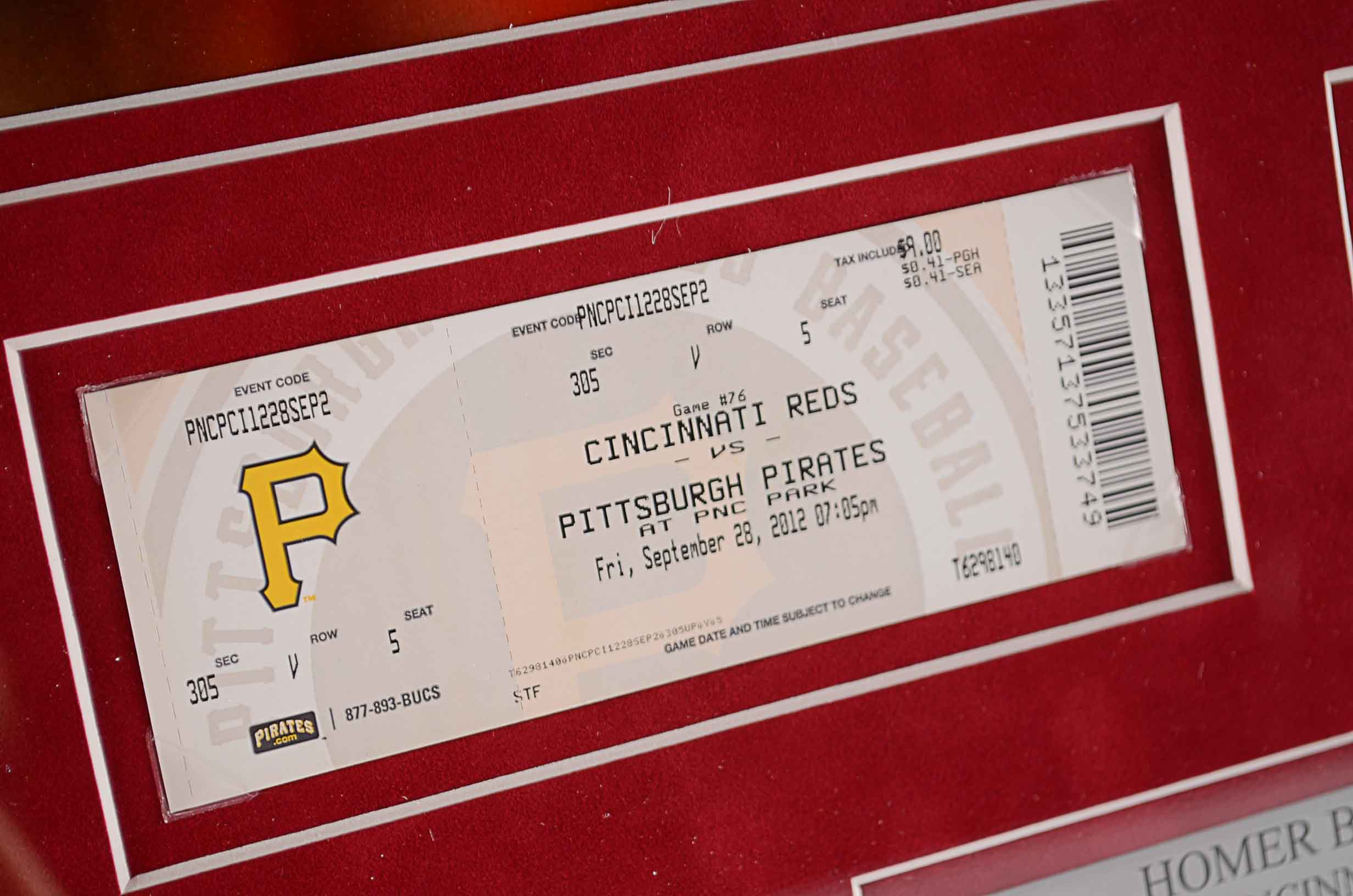 Awesome Framed Homer Bailey Photo with Two Tickets from his No Hitters