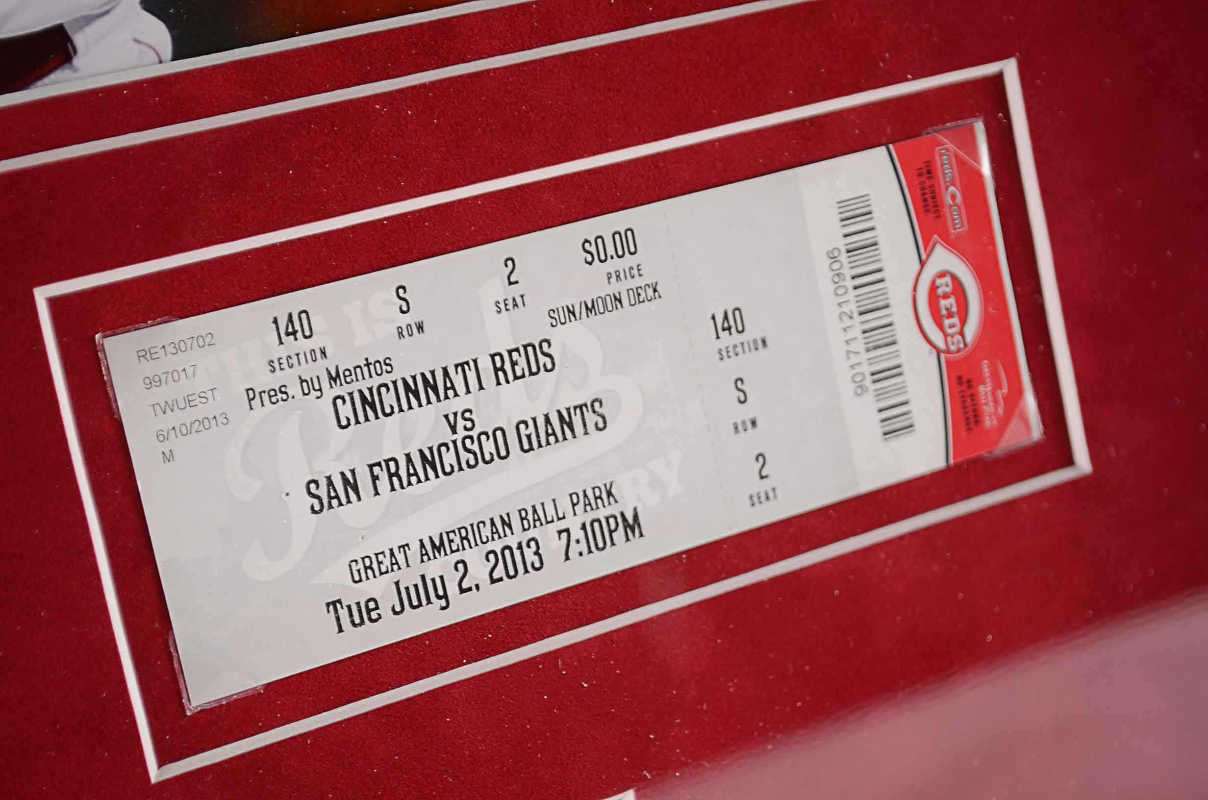 Awesome Framed Homer Bailey Photo with Two Tickets from his No Hitters