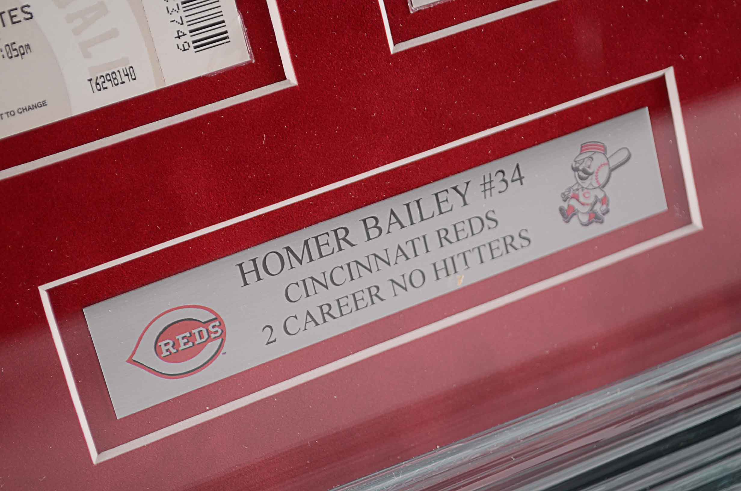 Awesome Framed Homer Bailey Photo with Two Tickets from his No Hitters