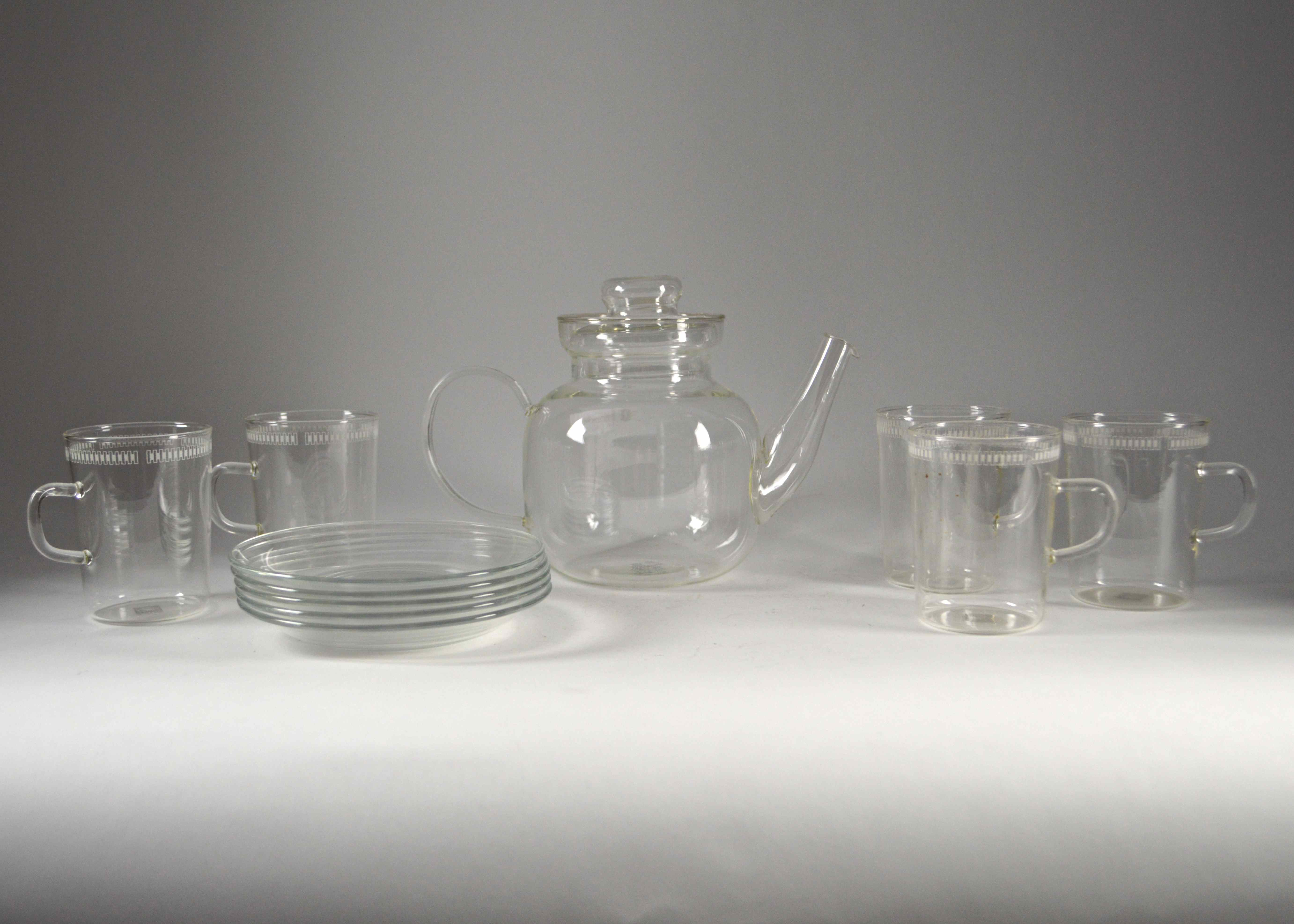 Schott Mainz Jena Glass Tea Pot with Five Cups and Saucers