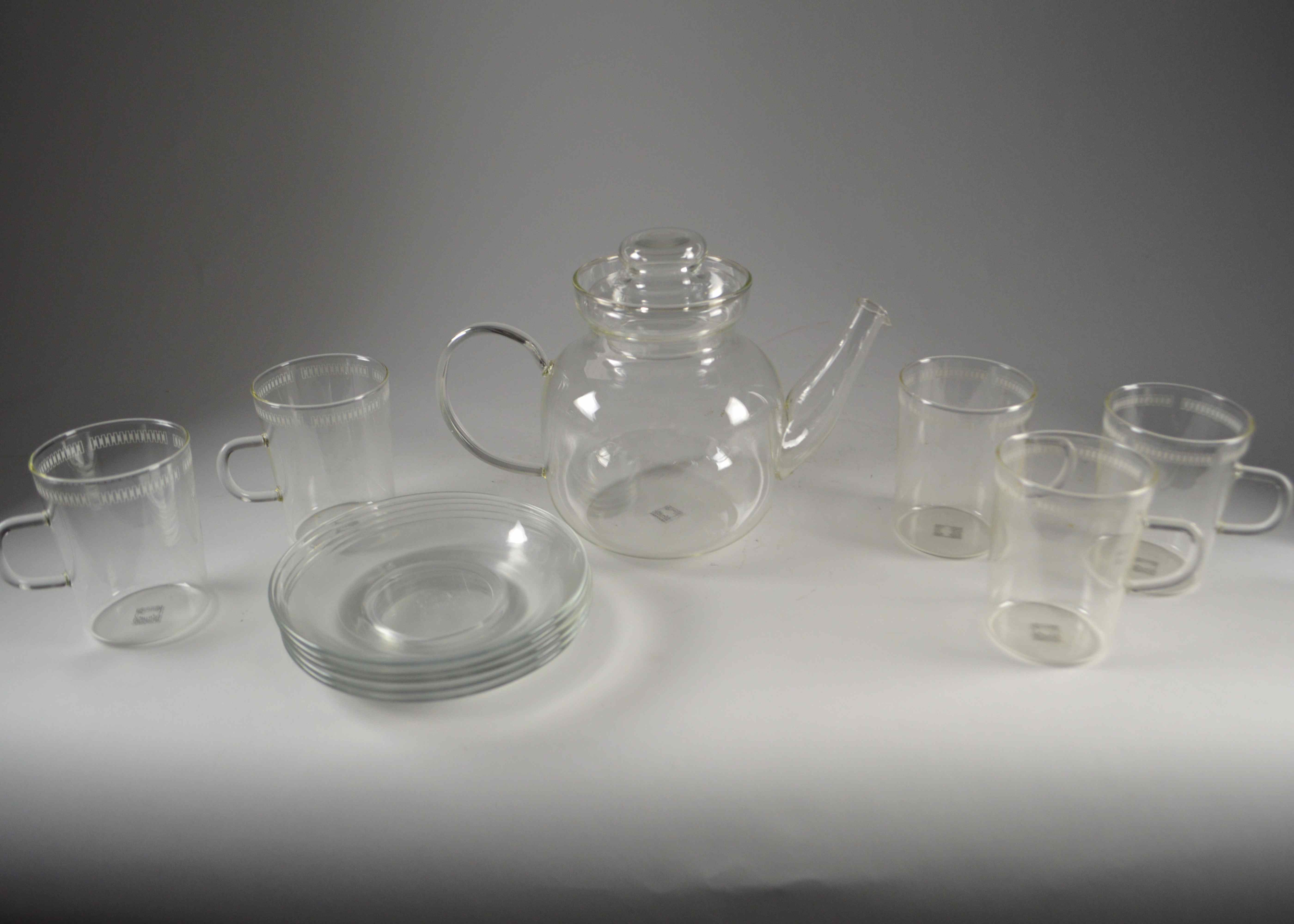 Schott Mainz Jena Glass Tea Pot with Five Cups and Saucers