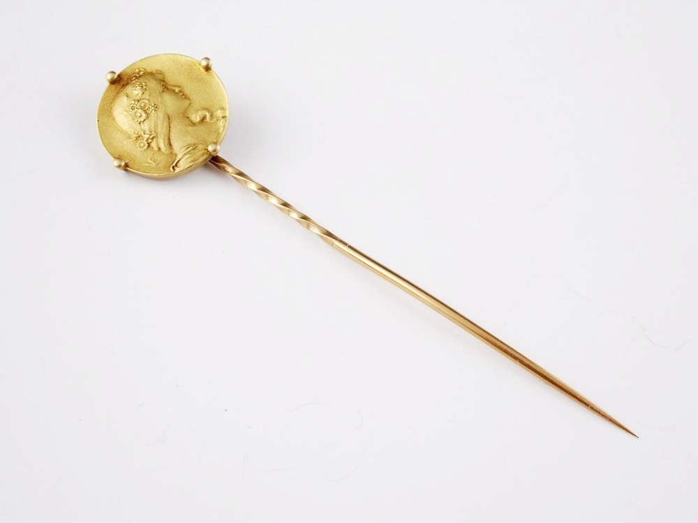 A Rare French Art Nouveau Stick Pin by Emile Vernier in 18k Yellow Gold