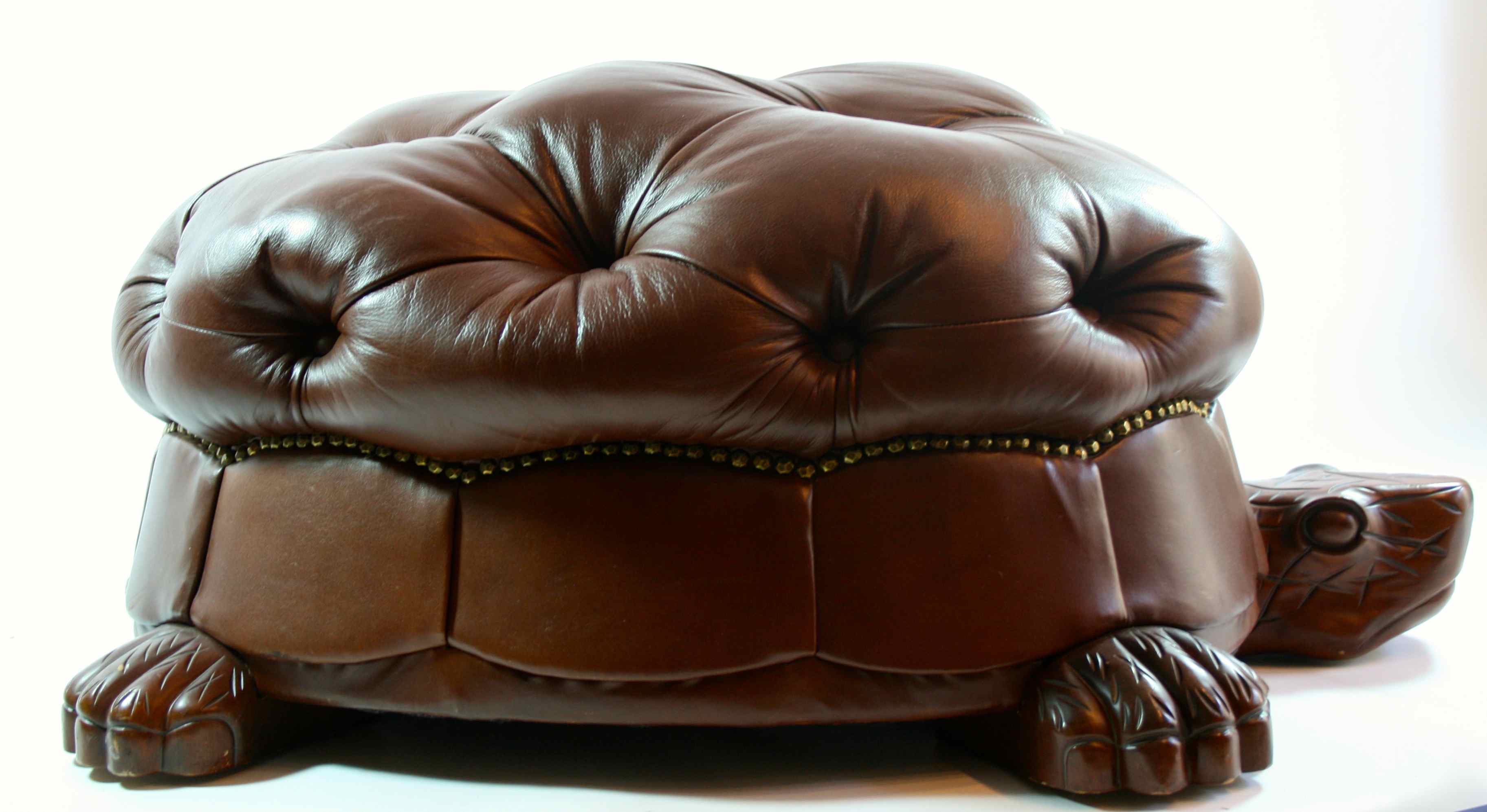 Leather and Mahogany Turtle Ottoman