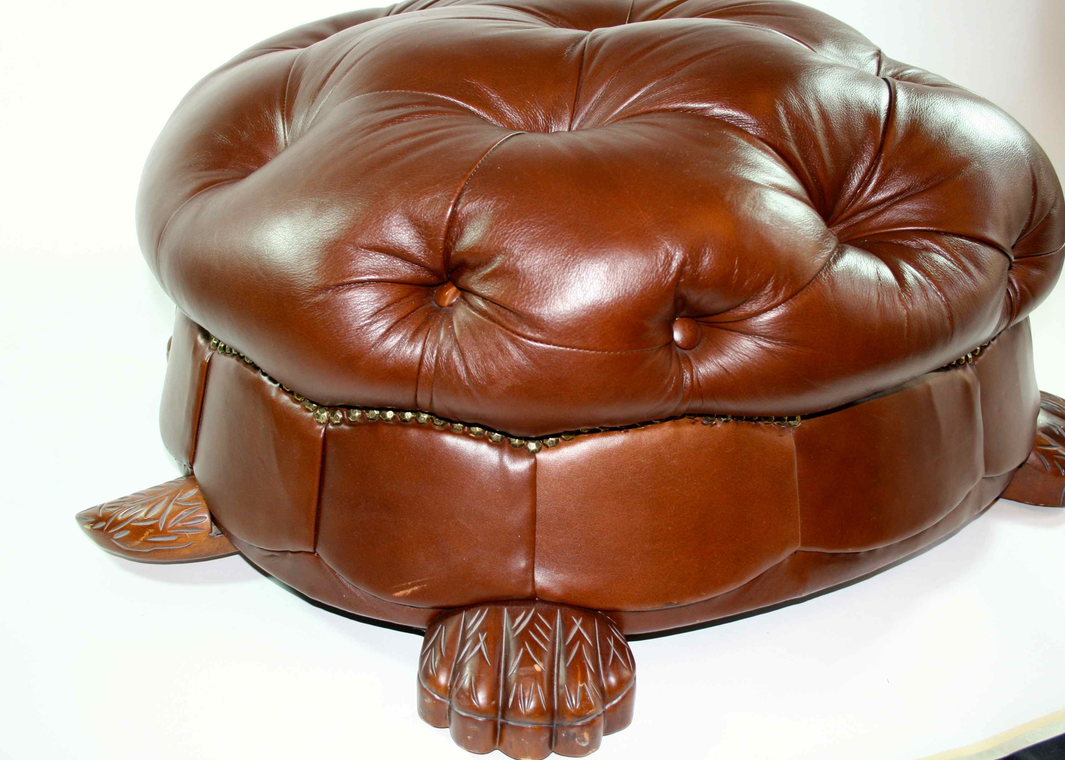 Leather and Mahogany Turtle Ottoman