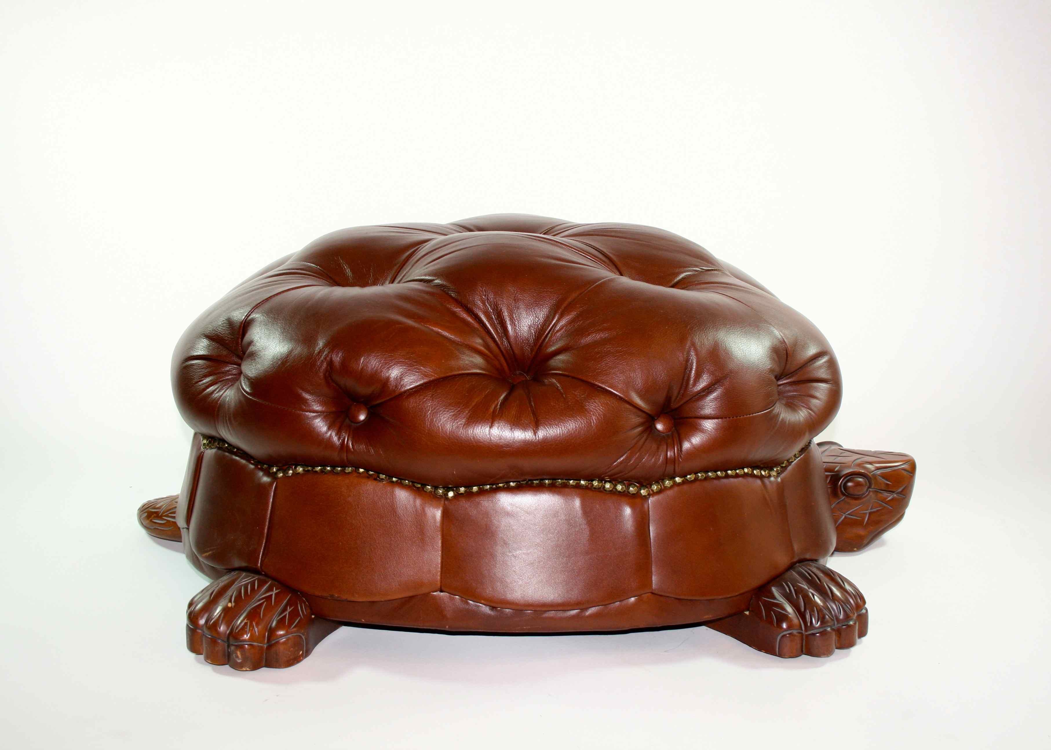 Leather and Mahogany Turtle Ottoman