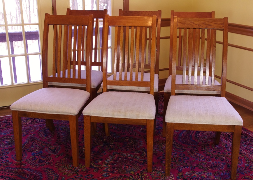 Six Oak Mission - Style Dining Chairs with Upholstered Seats