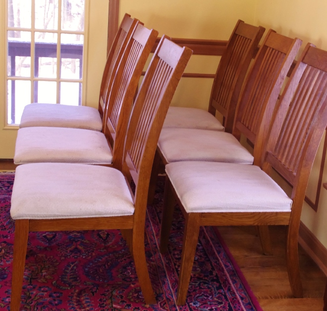 Six Oak Mission - Style Dining Chairs with Upholstered Seats