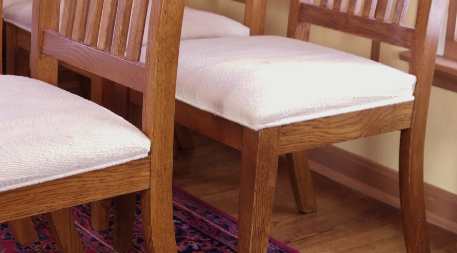 Six Oak Mission - Style Dining Chairs with Upholstered Seats