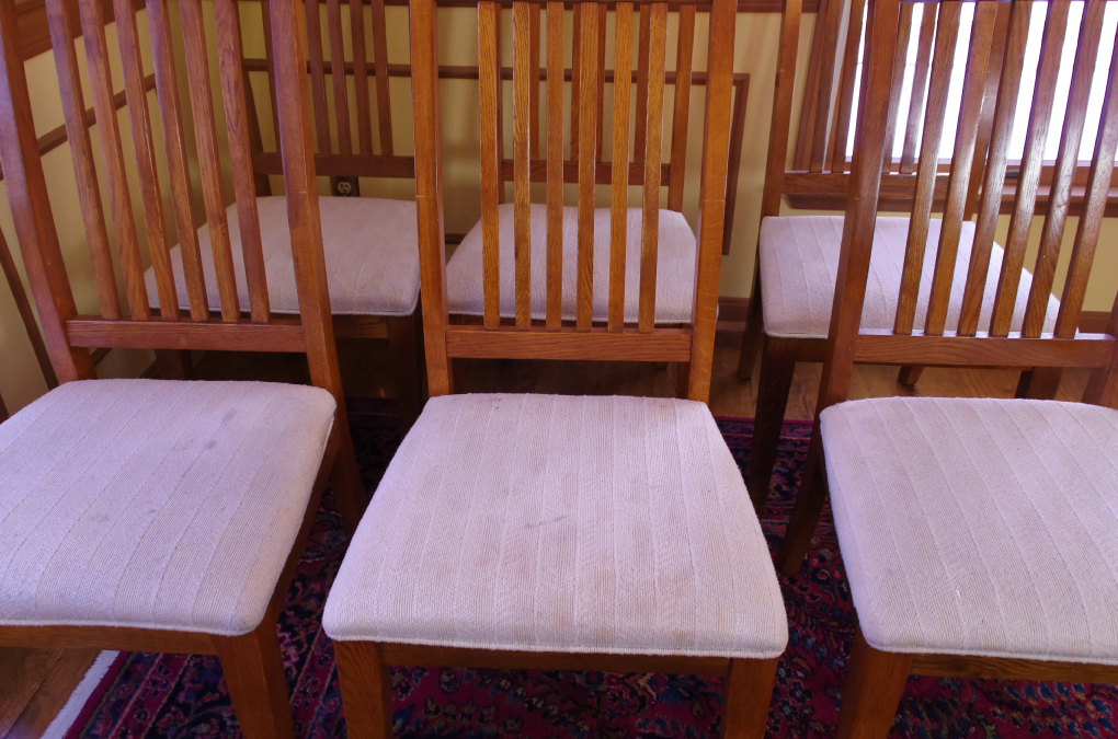 Six Oak Mission - Style Dining Chairs with Upholstered Seats