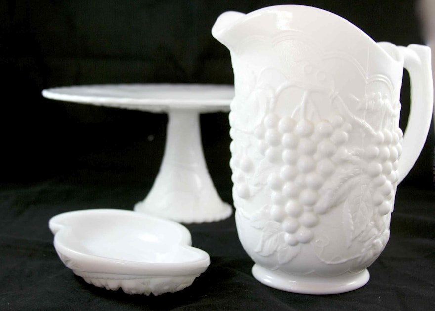 White Ceramic Pitcher, Cake Stand and Candy Dish