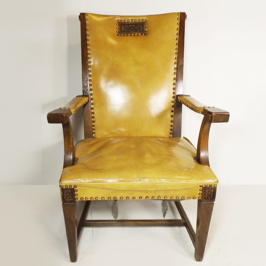 Vintage Glazed Leather Upholstered Oak Chair