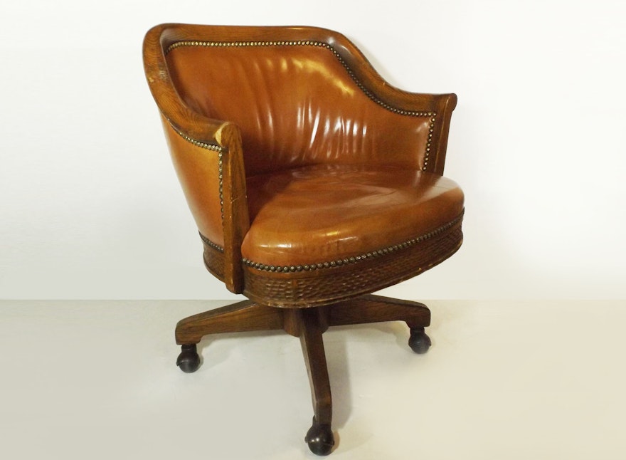 Vintage Romweber Glazed Leather Upholstered Oak Chair