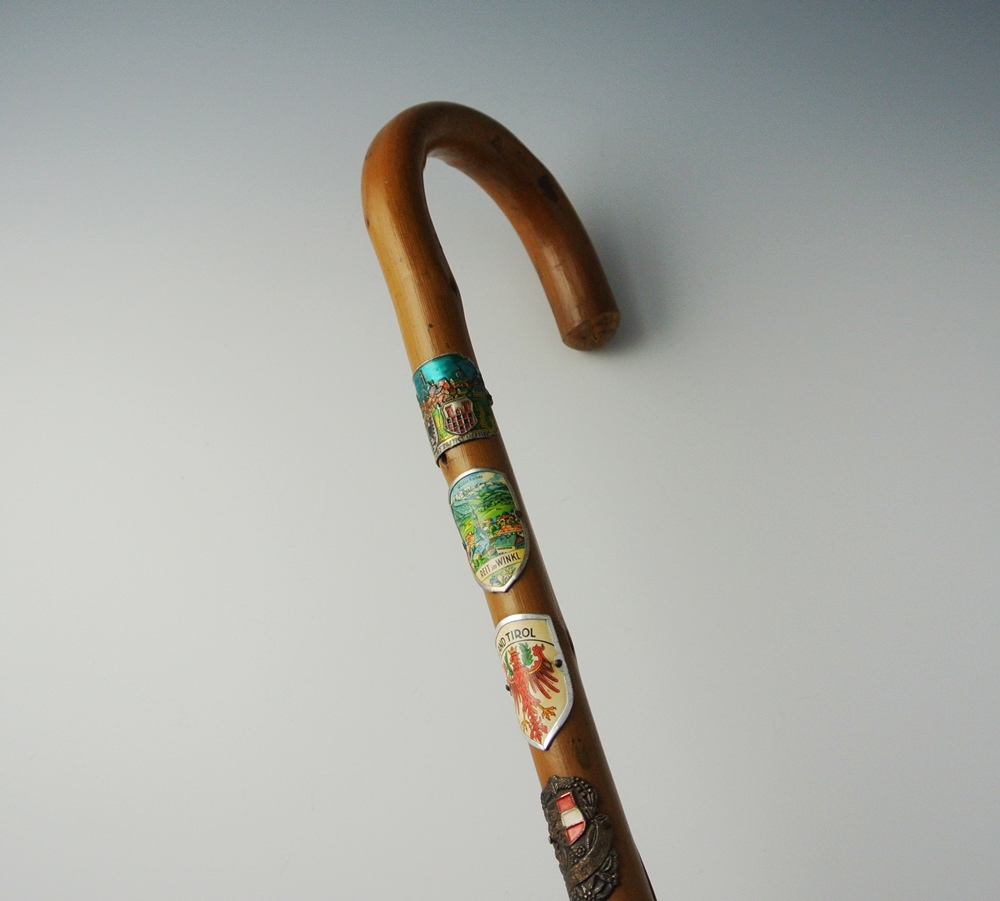 Vintage German Walking Stick with Regional Medallions