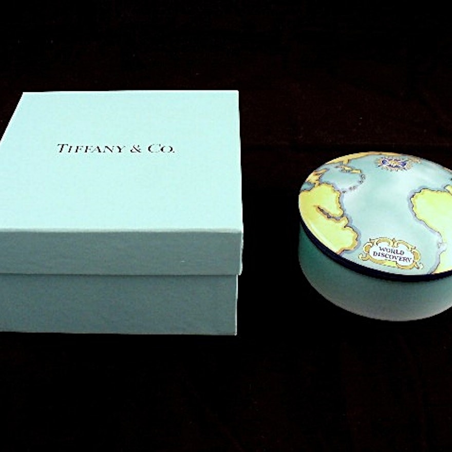 Tiffany & Co. "World Discovery" Dresser Box in Aqua Ceramic with Tiffany Box