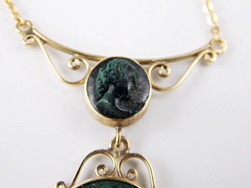 A Lovely Vintage 12k Yellow Gold Necklace with a Carved Malachite Cameo Pendant 