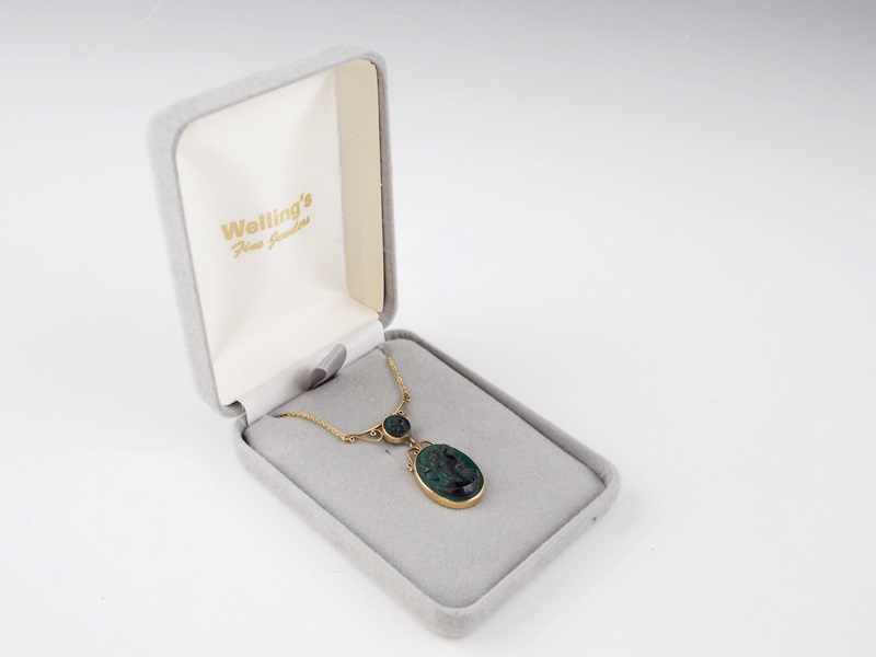 A Lovely Vintage 12k Yellow Gold Necklace with a Carved Malachite Cameo Pendant 