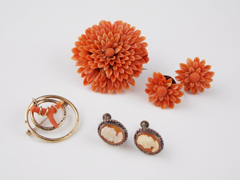 Vintage Cameo Earrings and Carved Coral Jewelry