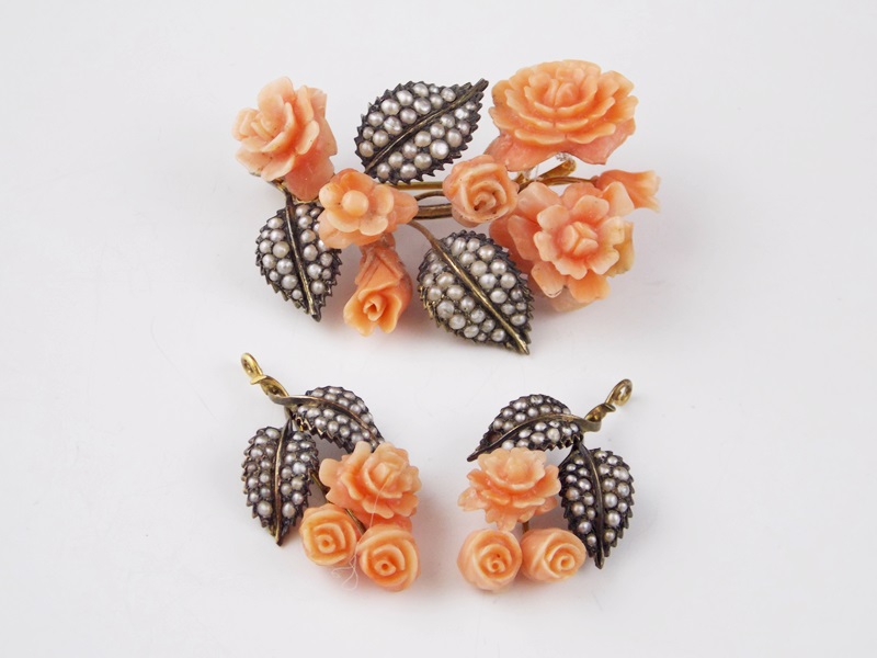 A Vintage Carved Coral and Seed Pearl Brooch & Two Pendants (Perhaps Earrings)