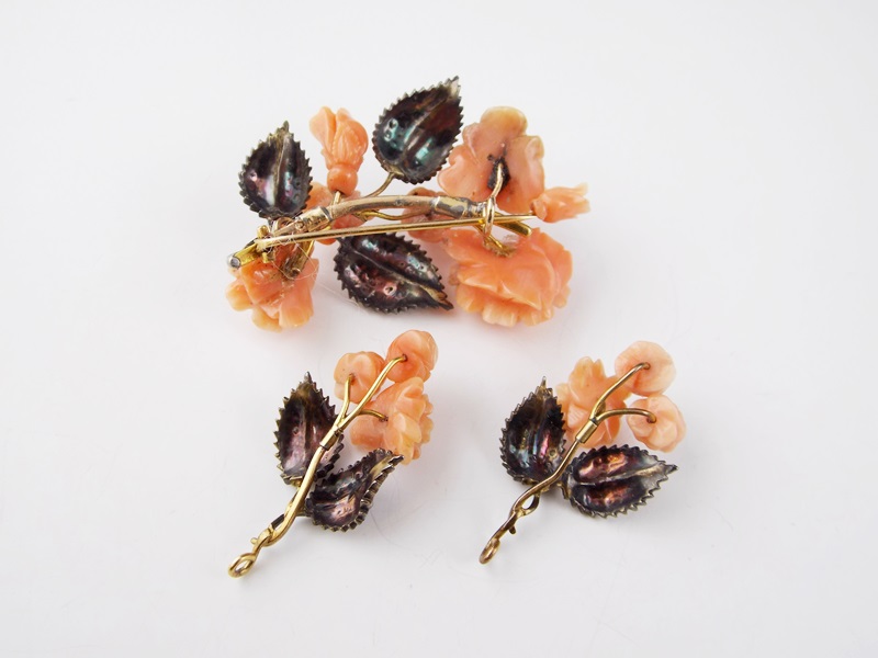 A Vintage Carved Coral and Seed Pearl Brooch & Two Pendants (Perhaps Earrings)