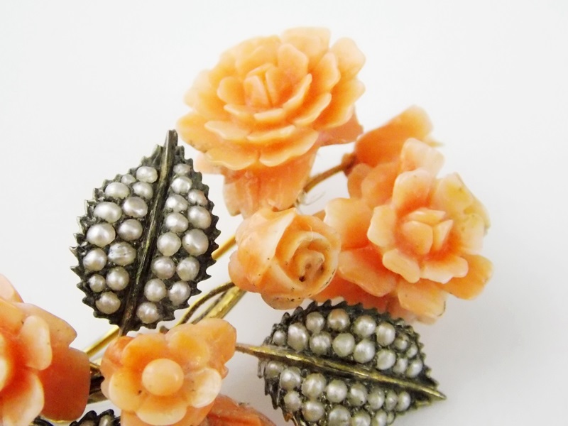 A Vintage Carved Coral and Seed Pearl Brooch & Two Pendants (Perhaps Earrings)