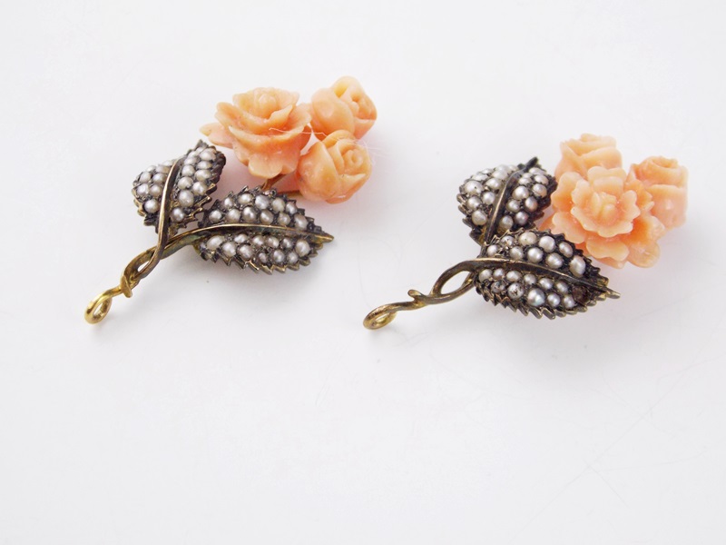 A Vintage Carved Coral and Seed Pearl Brooch & Two Pendants (Perhaps Earrings)