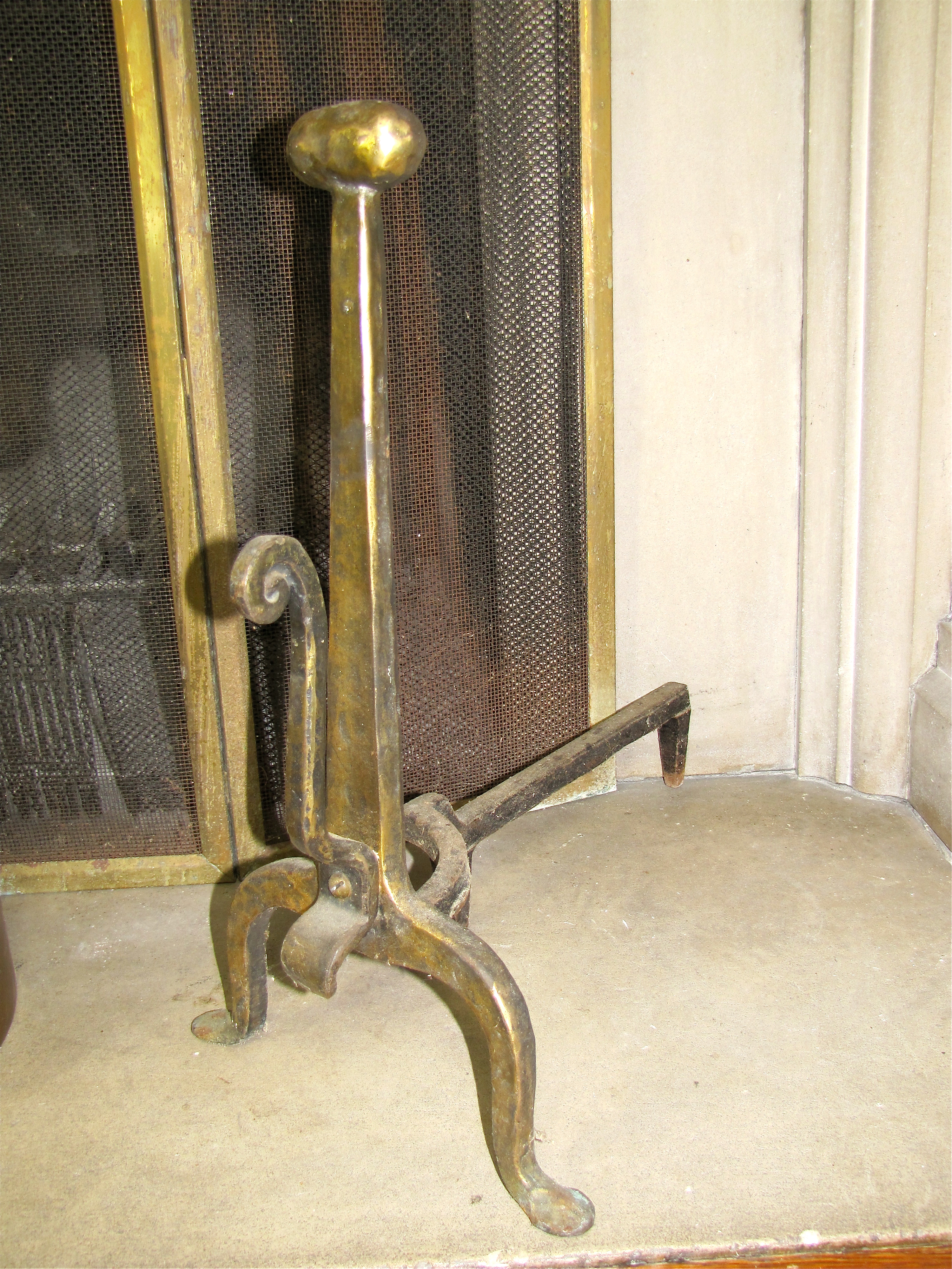 Antique Brass Fireplace Andirons And Folding Screen