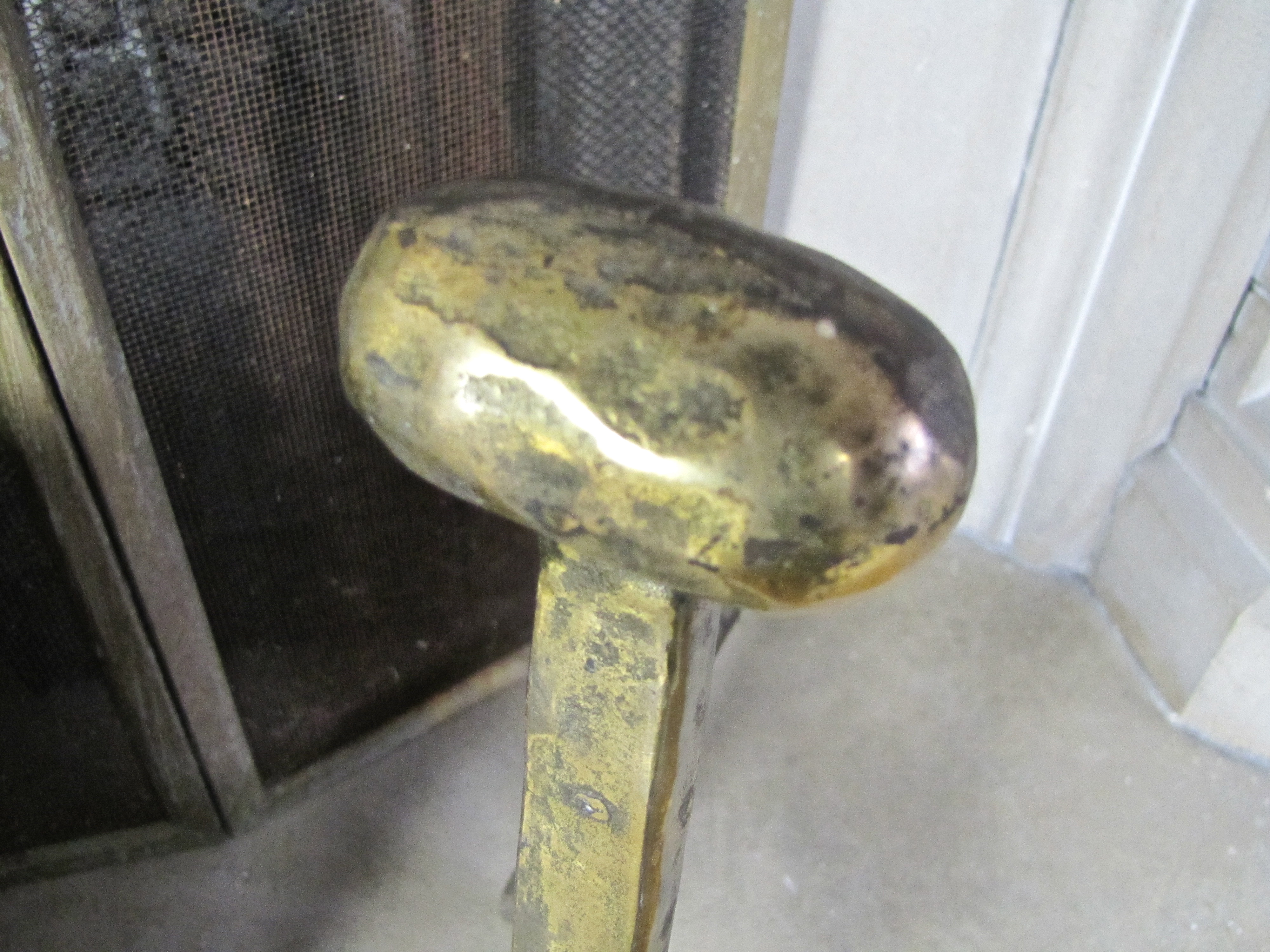 Antique Brass Fireplace Andirons And Folding Screen