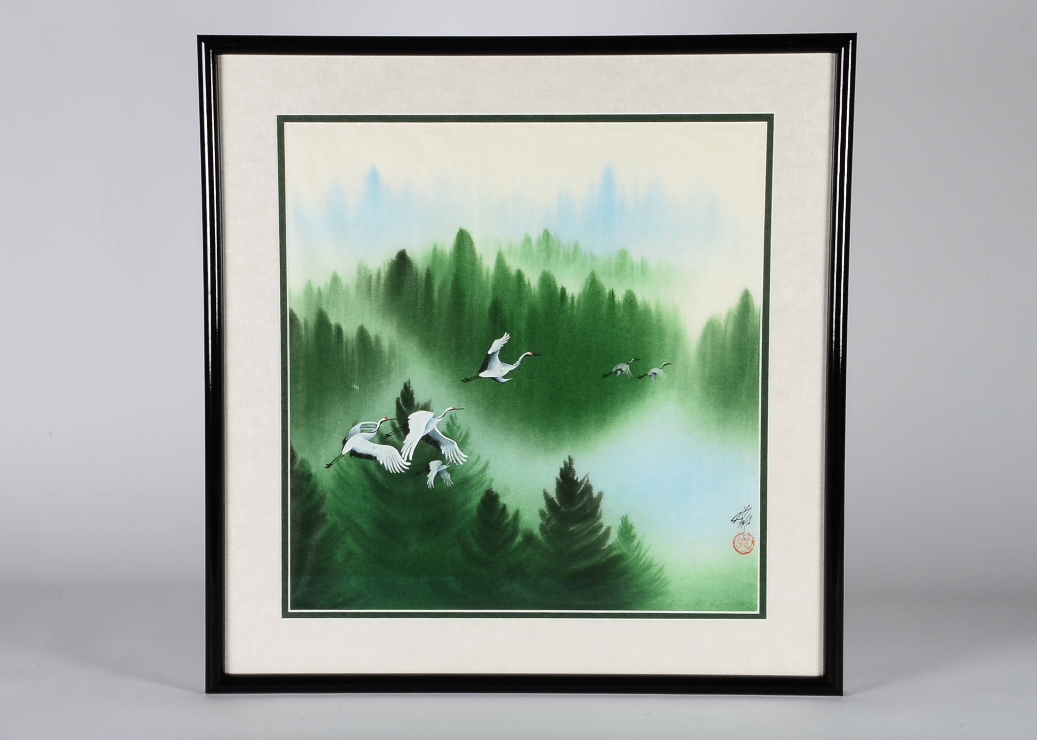 Framed Asian Cranes in Flight Watercolor Painting