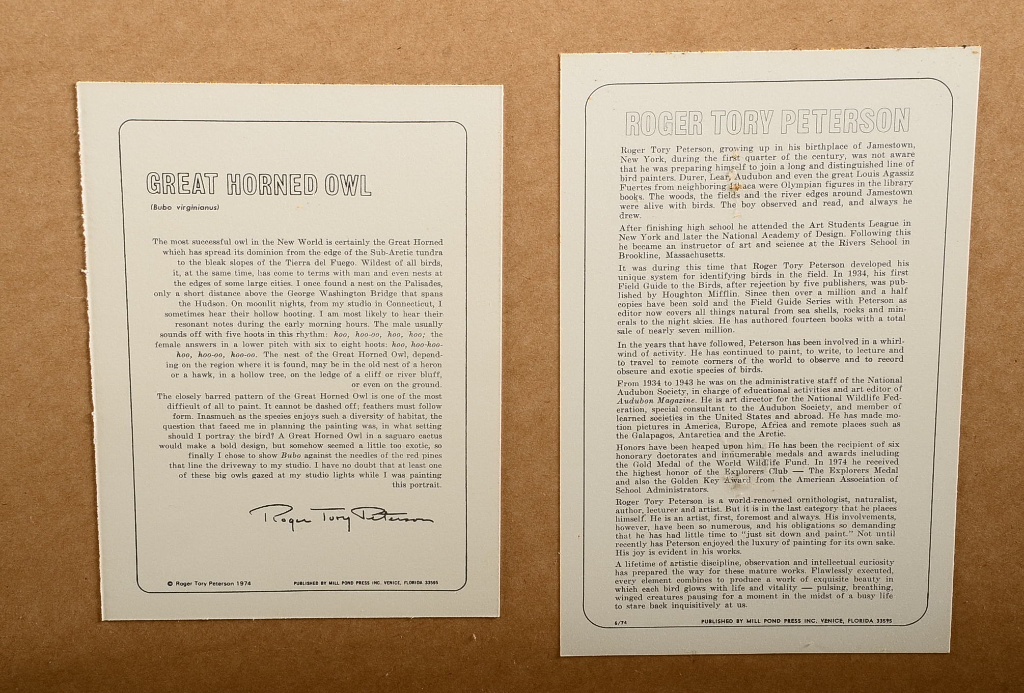 Pencil Signed and Numbered Roger Tory Peterson Print Titled "Great Horned Owl"