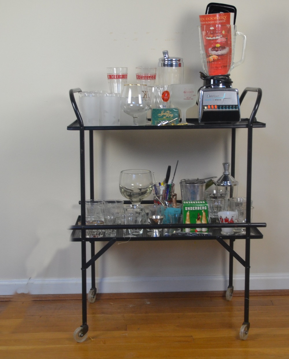 Rolling Bar Cart With Vintage Bar Ware