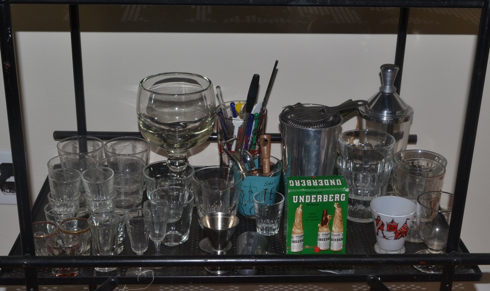 Rolling Bar Cart With Vintage Bar Ware