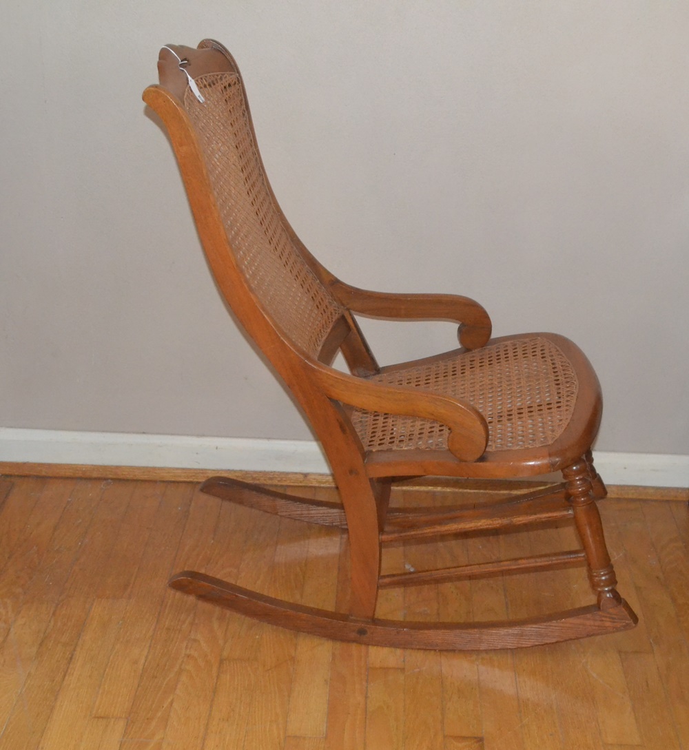 Vintage Cane Seat Rocking Chair & Foot Stool