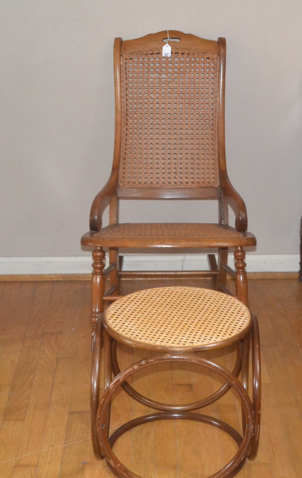 Vintage Cane Seat Rocking Chair & Foot Stool
