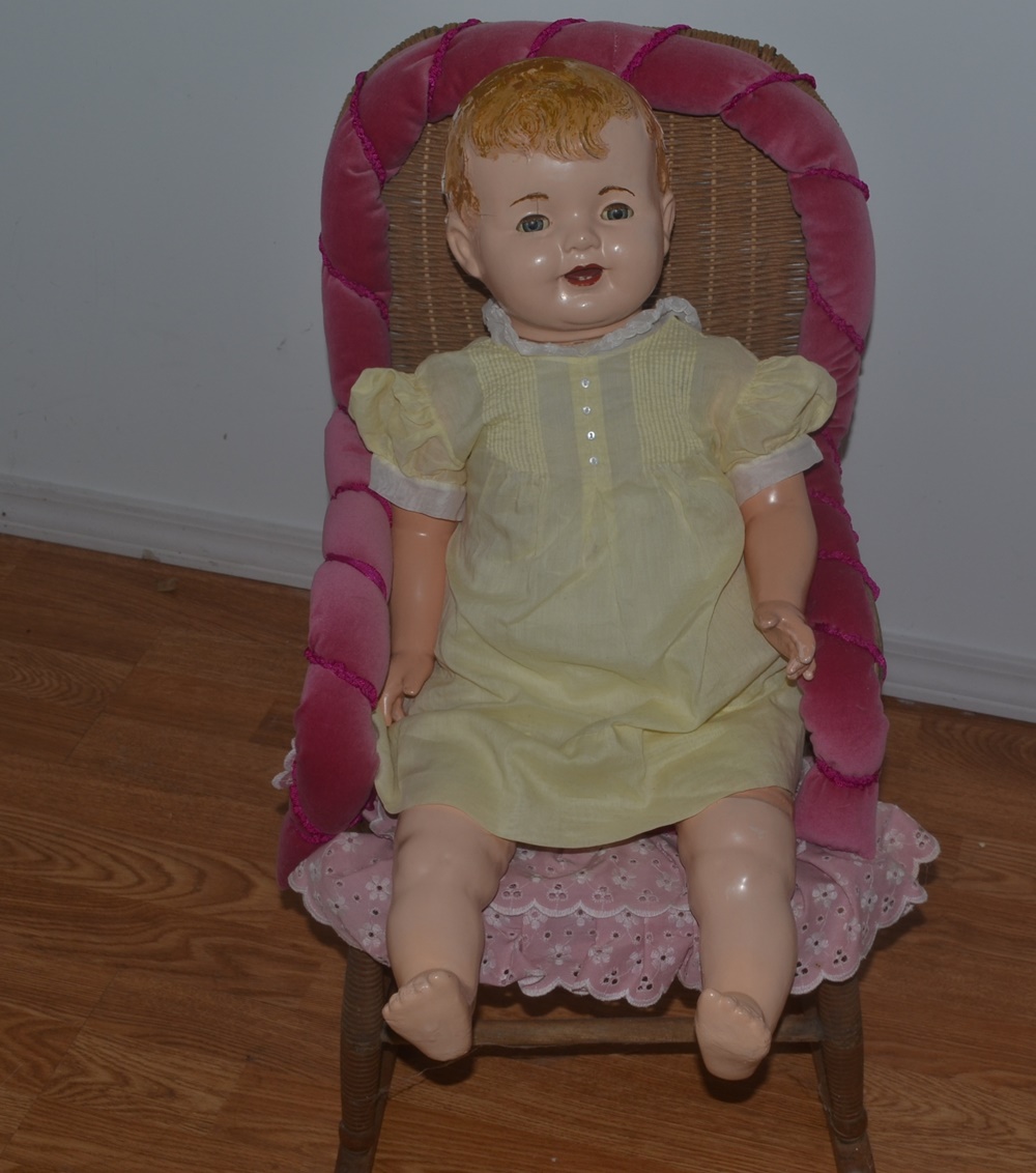 Vintage Composition Doll With Rocking Chair
