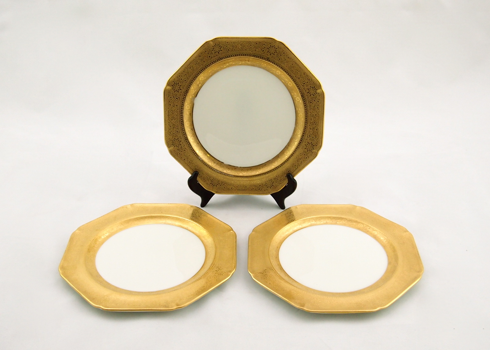 Three Antique 22K Gold Porcelain Cauldon Luncheon Plates