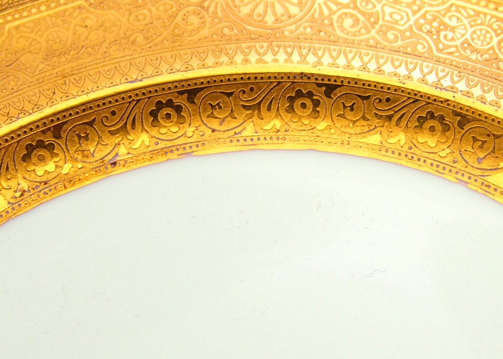 Three Antique 22K Gold Porcelain Cauldon Luncheon Plates