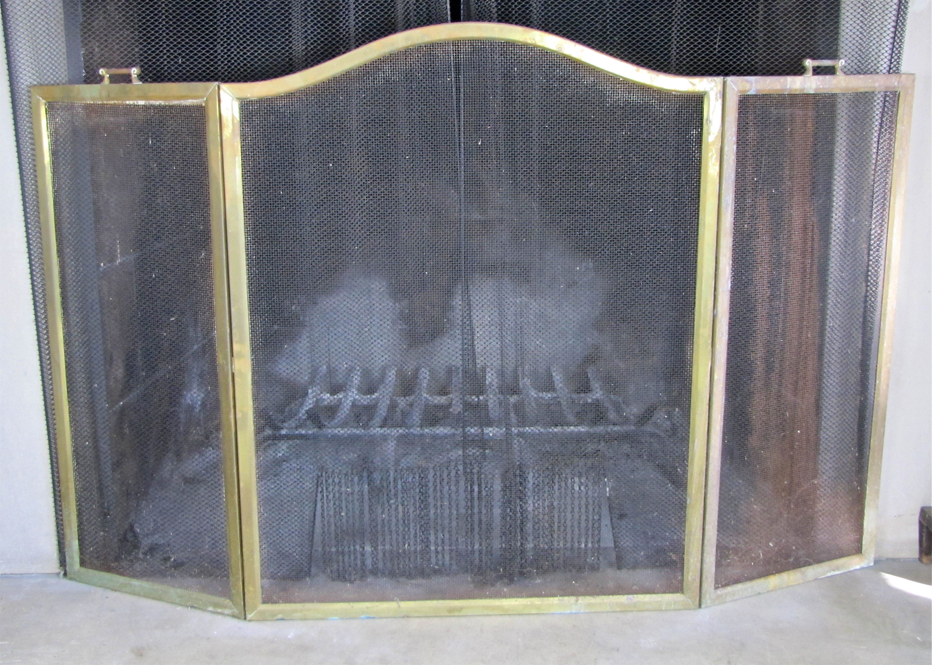 Antique Brass Fireplace Andirons And Folding Screen