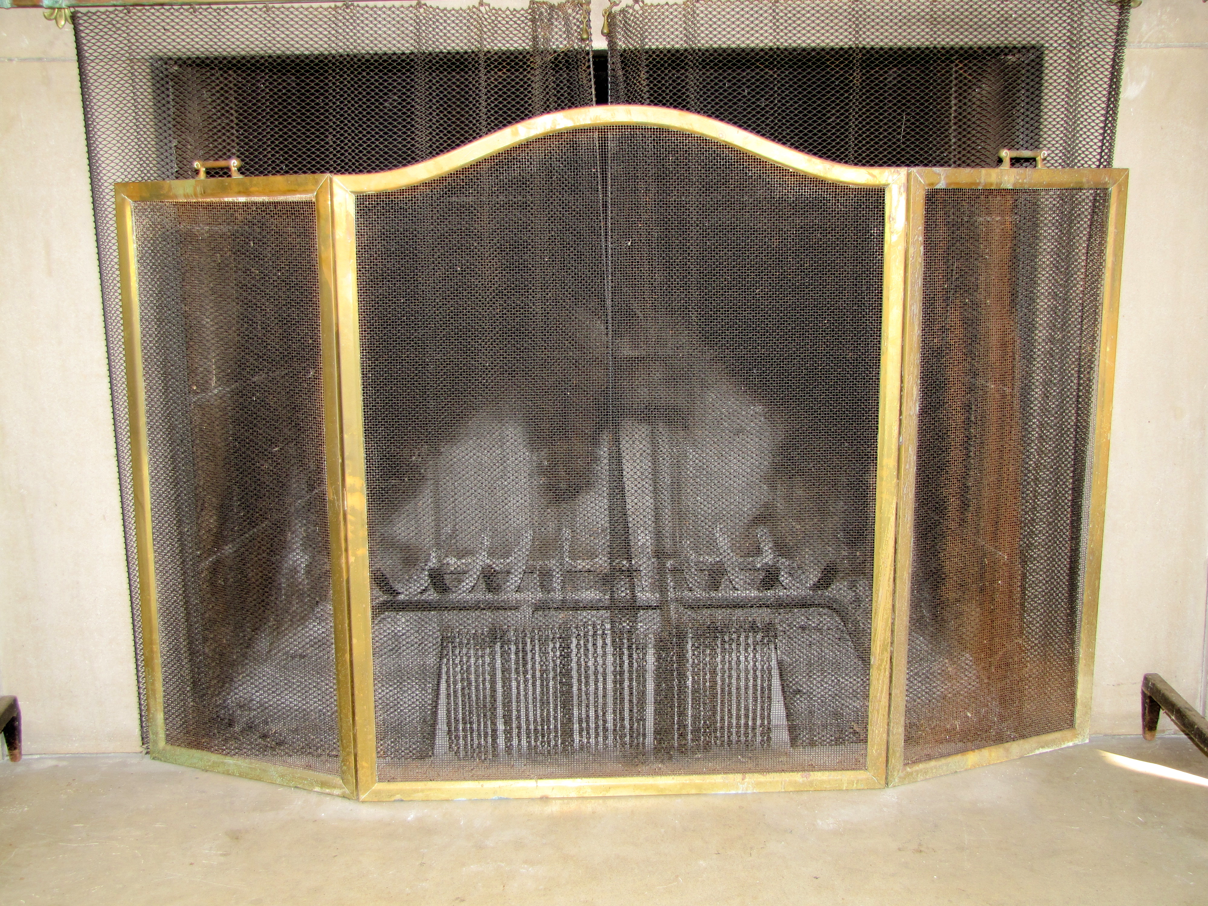 Antique Brass Fireplace Andirons And Folding Screen