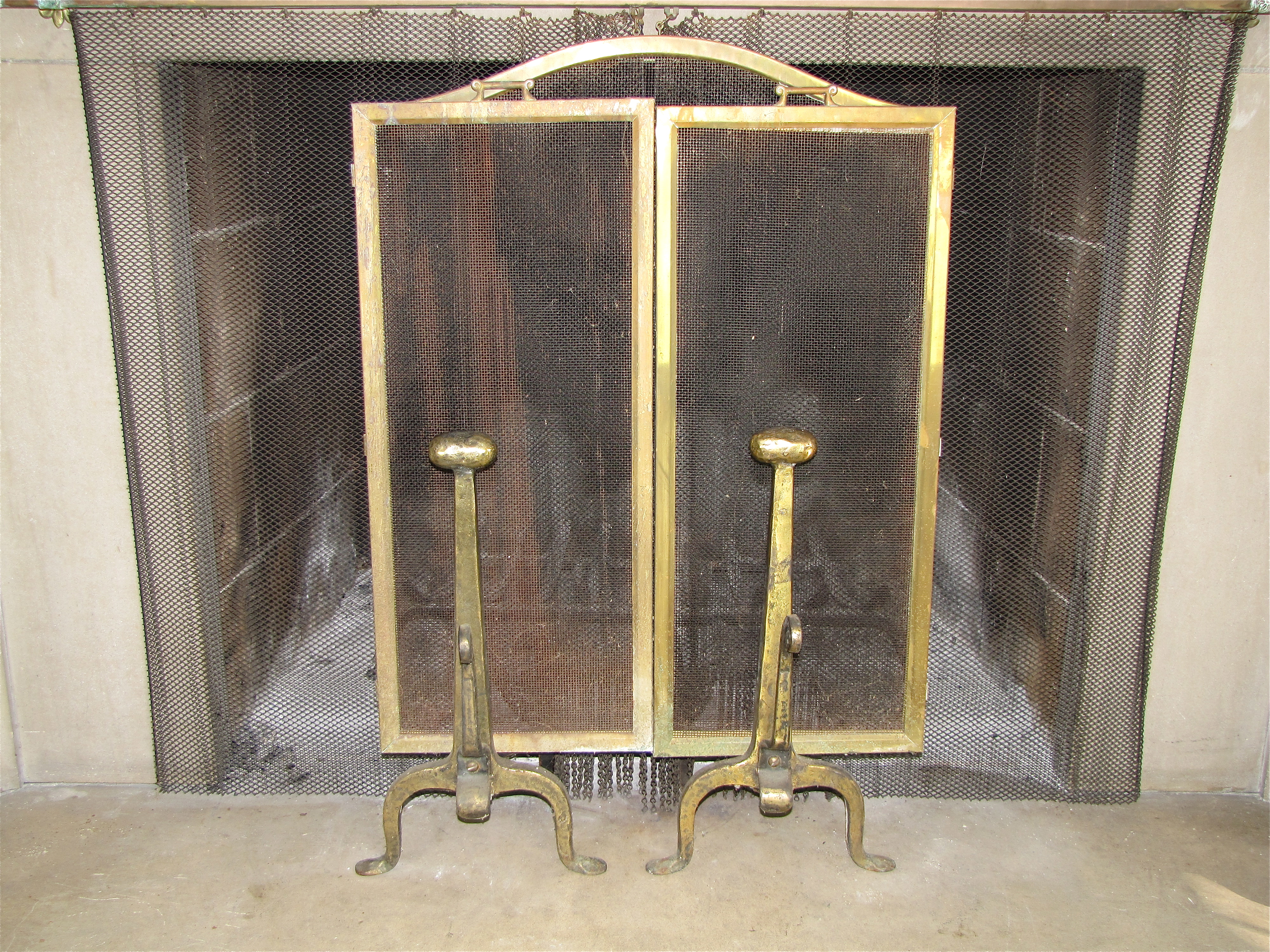 Antique Brass Fireplace Andirons And Folding Screen