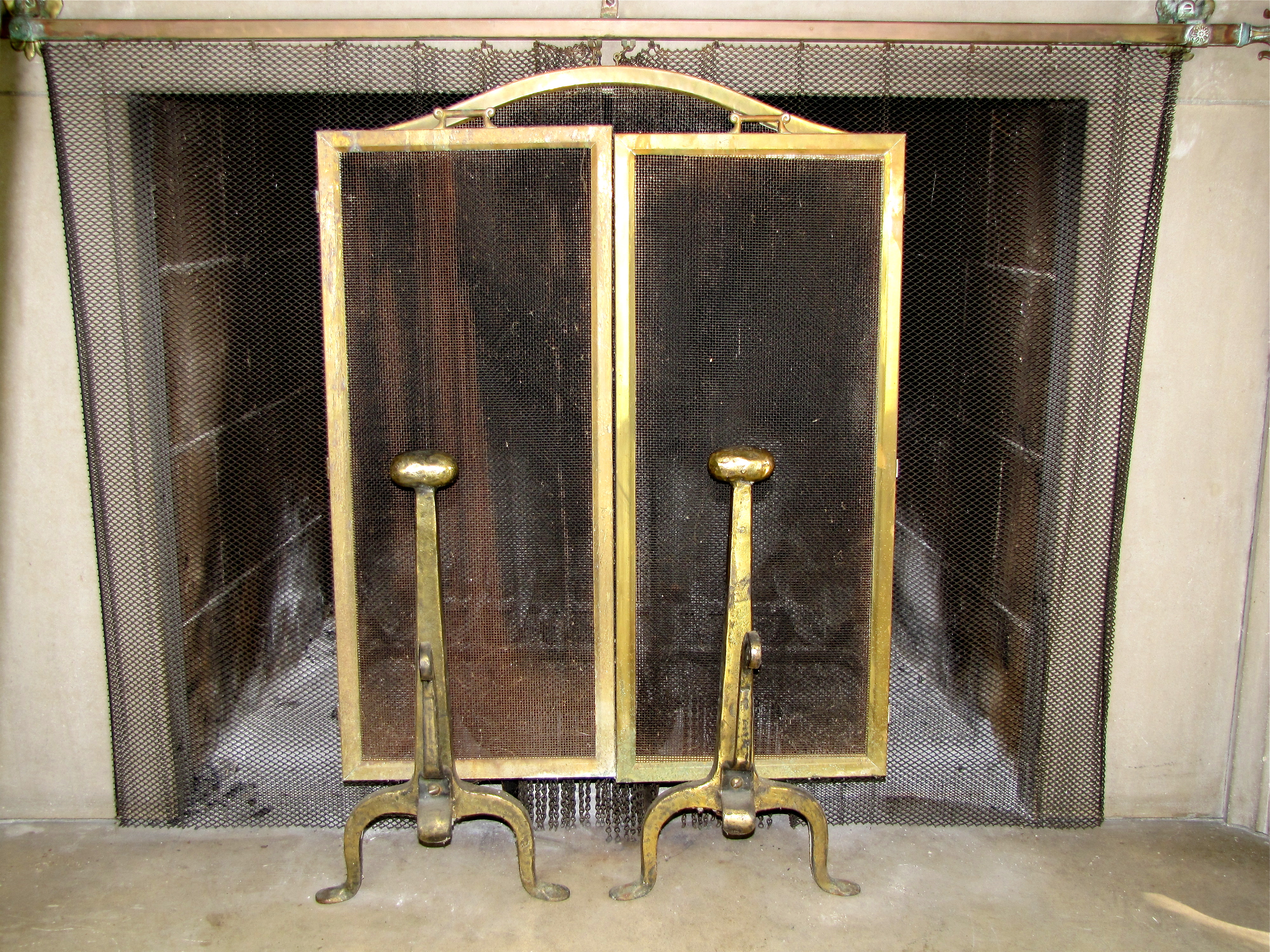 Antique Brass Fireplace Andirons And Folding Screen